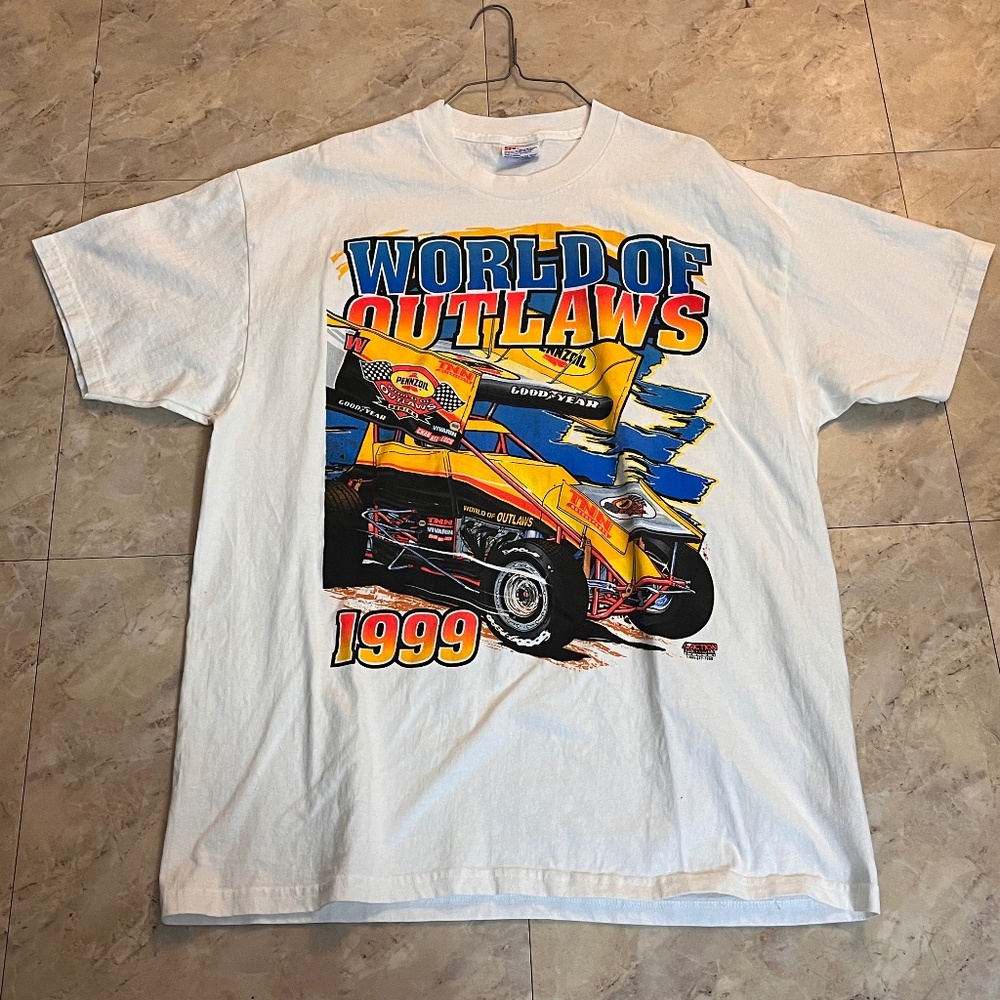 Vintage 1999 World Of Outlaws Midget Racing Tshirt XL White Pennzoil Neon Colors